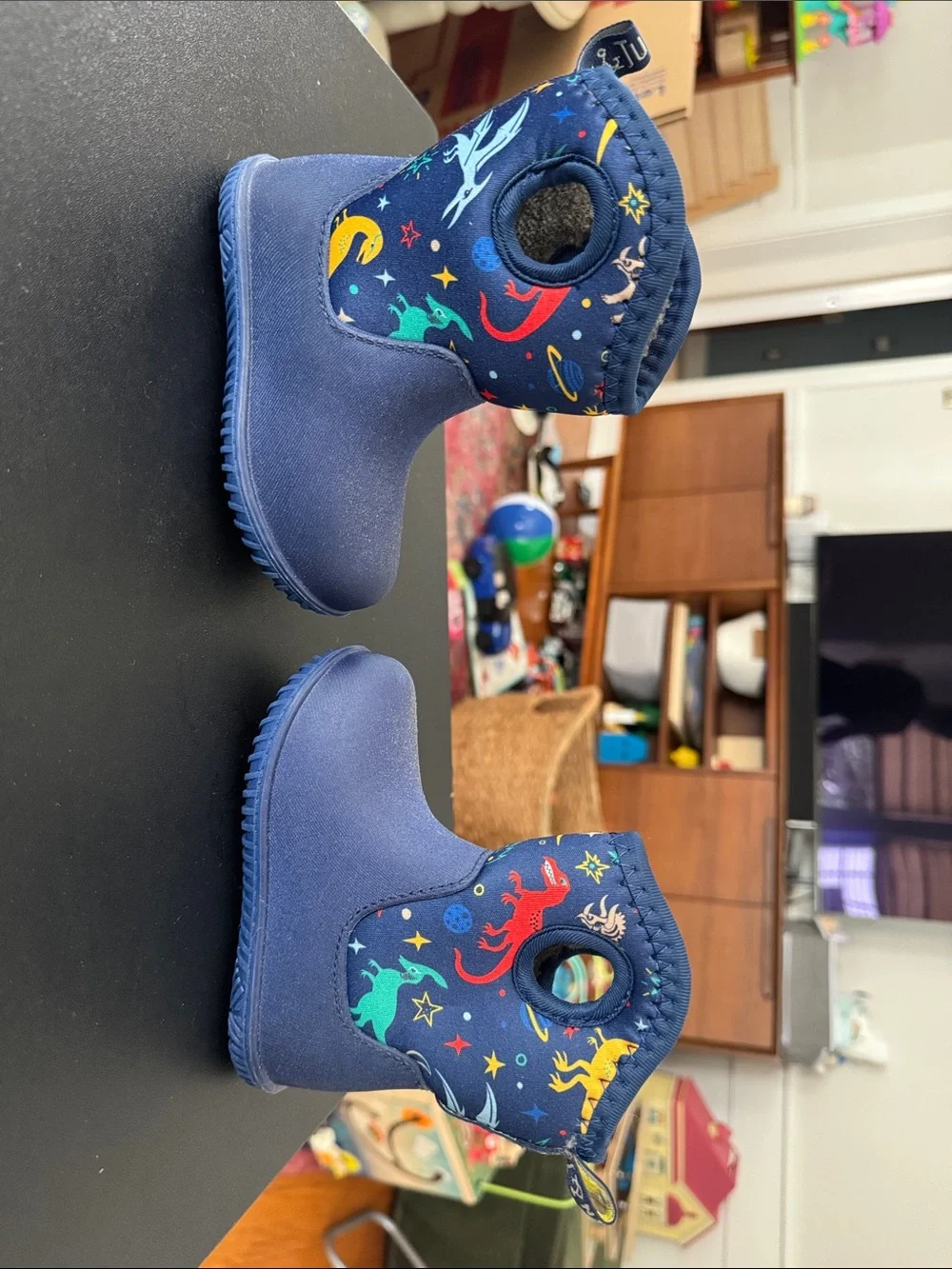 Kids Navy Blue Dino & Space Print Rain Boots with Easy-Grab Handles